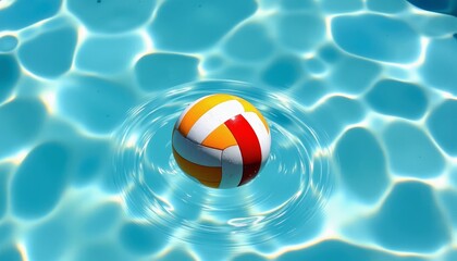 Colorful beach ball floating on water surface in swimming pool  