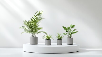 Minimalist plant display on a round podium