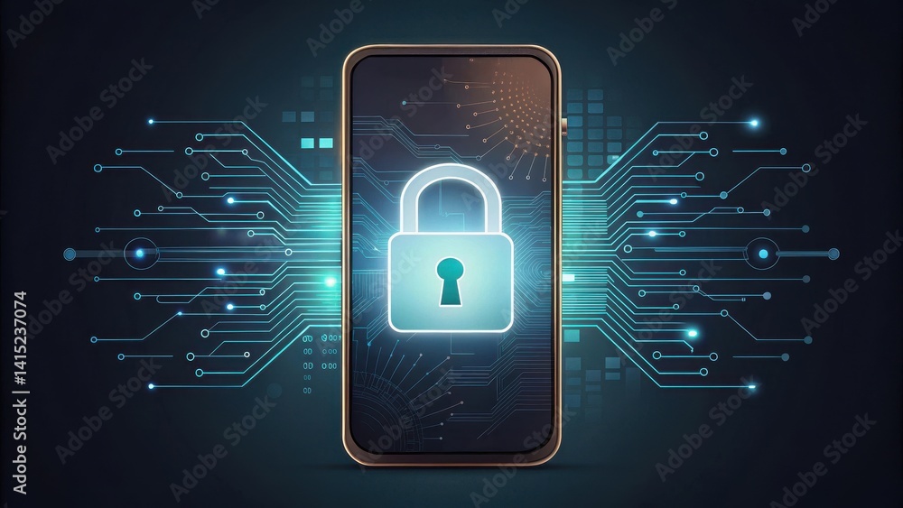 Poster social security benefits. digital lock on a smartphone surrounded by circuit patterns, symbolizing c
