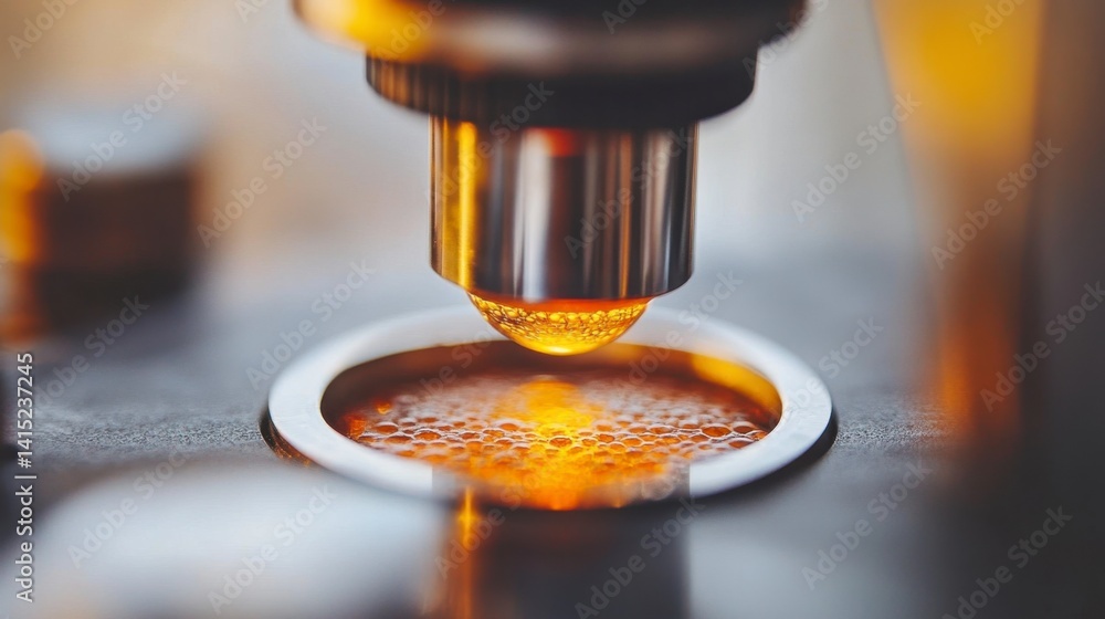 Poster close up view of a microscope lens and sample illuminated with warm light.
