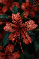 Vibrant red lily with water droplets, intricate patterns