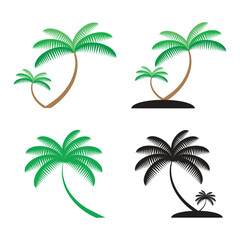 Tropical palm tree vector set, island beach silhouette and colored icon