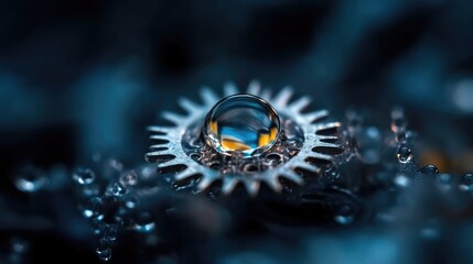 A glistening water droplet resting on a metallic gear
