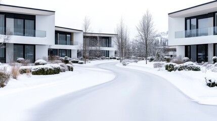 Modern residential complex in winter.  Snow-covered pathway winds through the property