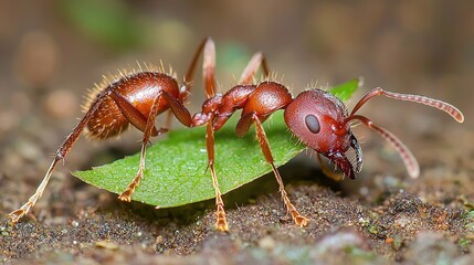 Close-up of a reddish ant carrying a leaf