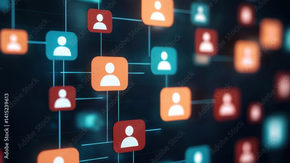 Poster social security benefits. digital network of user profiles connected through nodes and links on a da