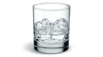 Crystal glass with ice cubes, clear liquid, studio lighting, white background.