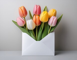 Colorful tulips in envelope against neutral background