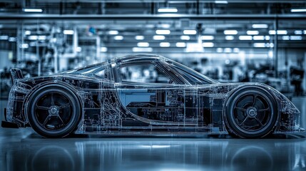 Sleek dark blue sports car in an industrial setting, digital wireframe effect, reflective floor.
