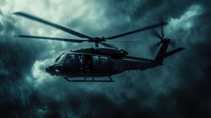 Dramatic helicopter flight storm sky