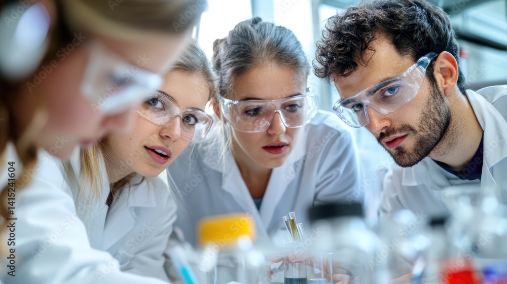 Poster collaborative business team analyzing data in laboratory setting focused work environment closeup vi