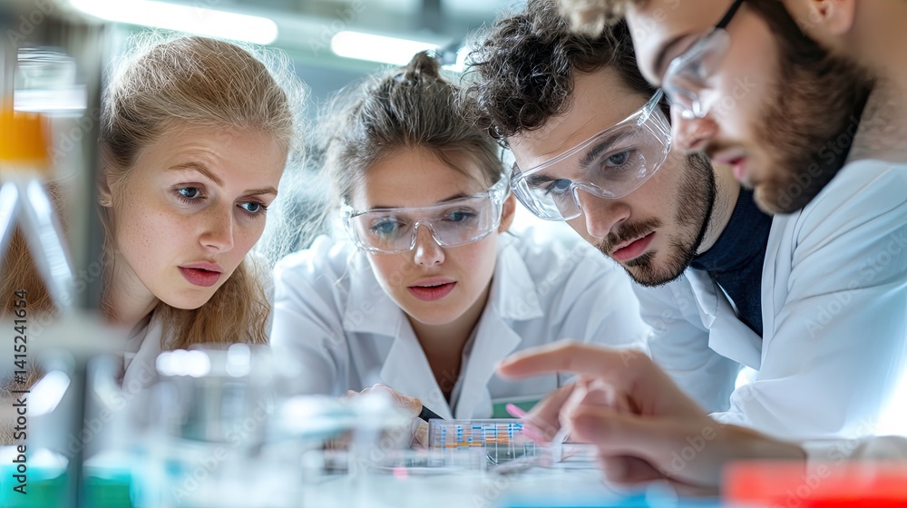 Poster collaborative science team analyzing data in laboratory setting close-up view of discovery process