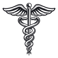 Black Caduceus Medical Symbol with Wings and Snakes on a Transparent Background