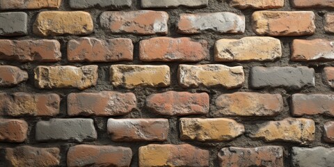 Fototapeta premium Textured brick wall featuring various shades and patterns in a warm indoor setting