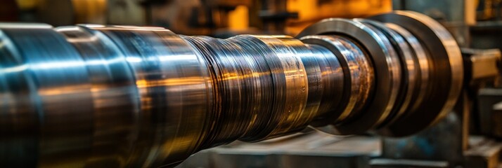 Close-up of a metal shaft in a machine shop