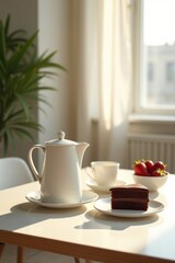 Obraz premium Serene morning sunlight illuminates a table setting featuring a cream-colored teapot, a cup, a delectable slice of chocolate cake, and a bowl of fresh strawberries.