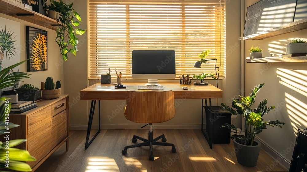 Aufkleber in a serene and organized workspace, a sleek desk with a computer overlooks a window adorned with pl