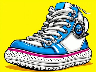 Detailed Pixel Art of Blue and White High Top Sneaker on Yellow Backdrop