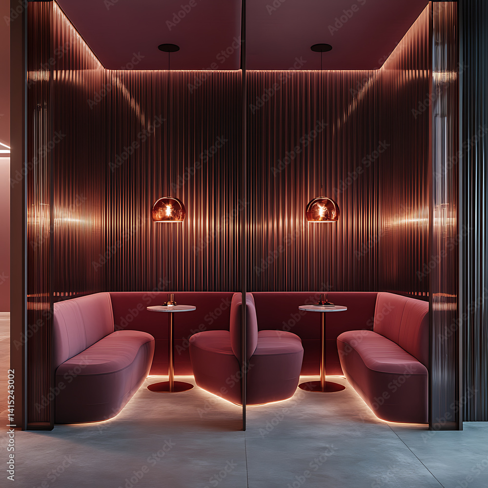 Poster modern, hyperrealistic workplace featuring moody mauve tones and touches of amber. design includes s