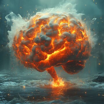 Concept of human brain exploding with fiery particles and cosmic effects image