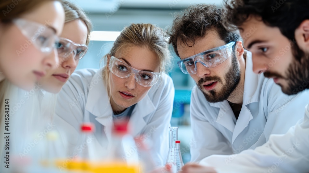 Poster collaborative science team analyzing data in laboratory closeup view inspiring teamwork environment