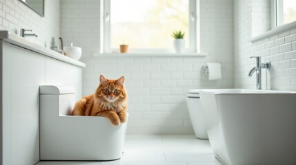 A ginger feline comfortably perched on a pristine white bathroom step stool, gazing serenely into the camera within a bright, minimalist bathroom setting