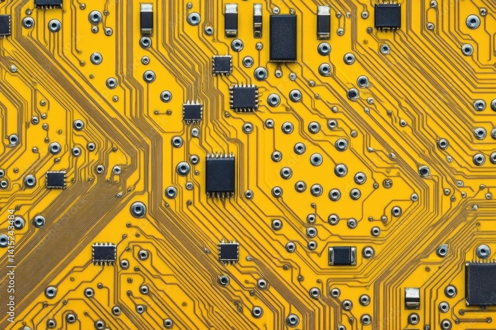 Poster yellow circuit board with integrated circuits and traces for electronic devices. use it to illustrat