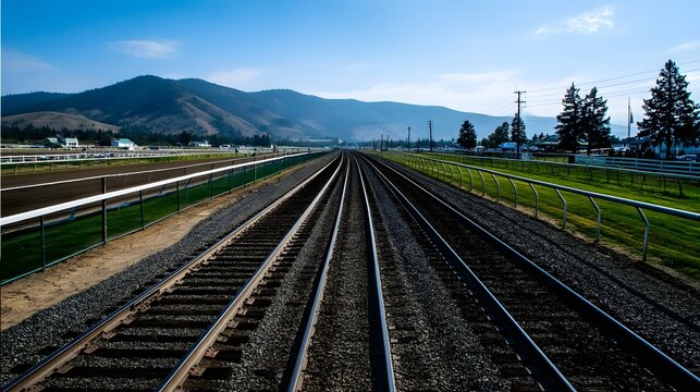 Parallel tracks stretching toward distant mountains, a tranquil race track vista.