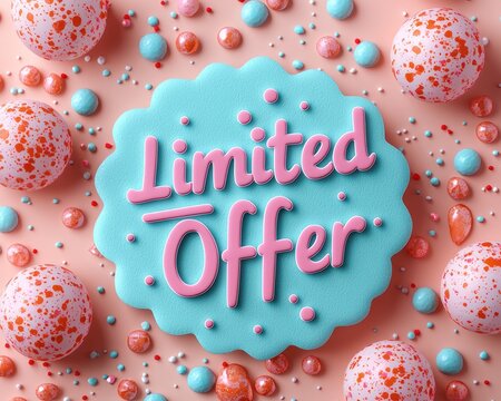 Colorful dessert-themed limited offer sign surrounded by decorative candies