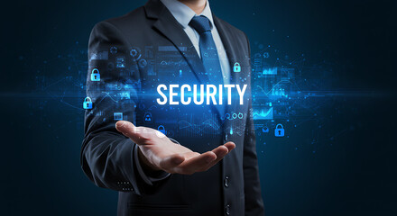 Businessman Presenting Digital Security Concept Data Protection, Cybersecurity, and Risk Management