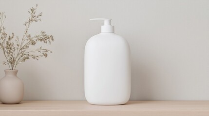 Empty white plastic pump bottle on light wooden shelf with dried flowers