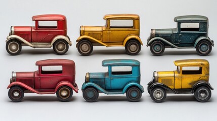 Naklejka premium Six Vintage Toy Cars in Red, Yellow, Teal, and Blue on White Background