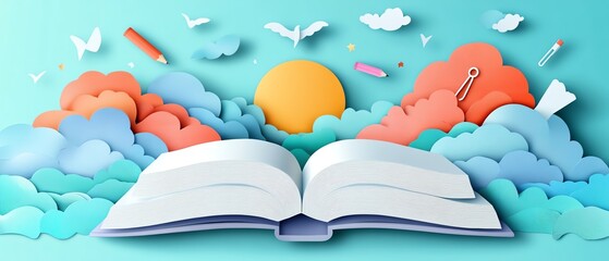 imaginative papercut vector artwork with school supplies like pens, paperclips, and books flying out of an open book, symbolizing creative learning and growth