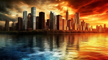 Obraz premium Fiery sunset over a cityscape reflected in calm water. Dark, silhouetted skyscrapers contrast with the vibrant sky.