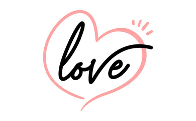 Love word text with doodle linear heart on the background.