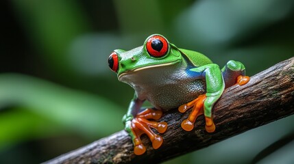 Vibrant Red-Eyed Tree Frog Sitting on Branch in Lush Green Habitat