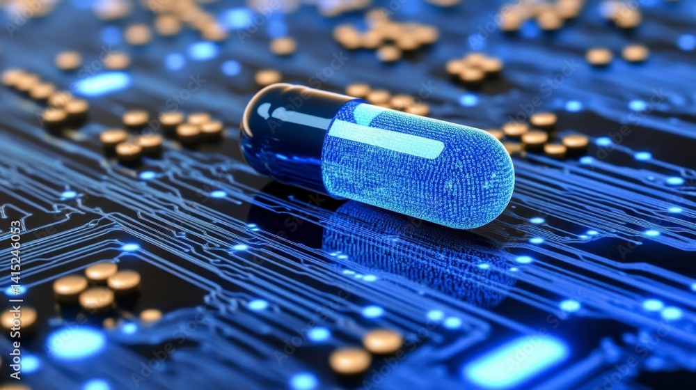 Poster close up of a futuristic blue capsule pill resting on a circuit board. glowing particles are embedde