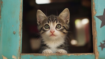 Curious kitten peeking through window with green eyes and soft fur