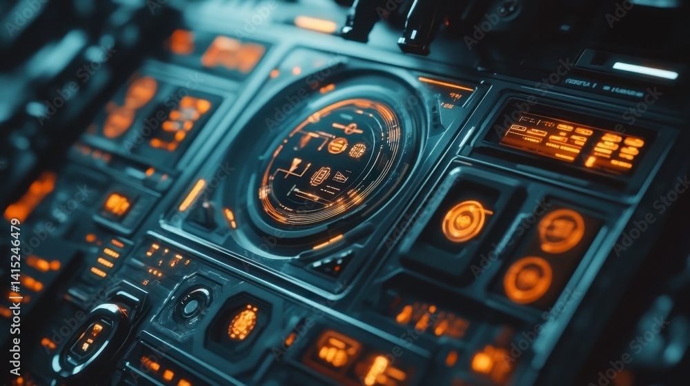 Aufkleber close up of a futuristic control panel with glowing orange and blue digital displays and various but