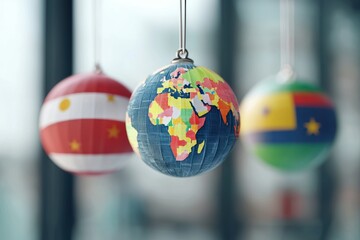 Suspended world flag globe in clean architectural gallery, representing diplomatic cooperation and global respect, 3D illustration - 3D national flag diversity