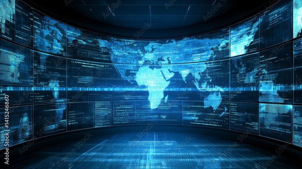 Poster futuristic digital world map displayed on glowing screens in a dark, curved room. data streams and b