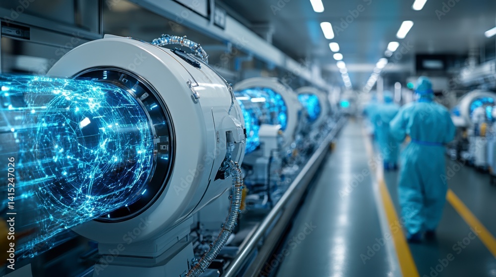 Poster futuristic factory assembly line with automated machinery and workers in protective suits. data stre