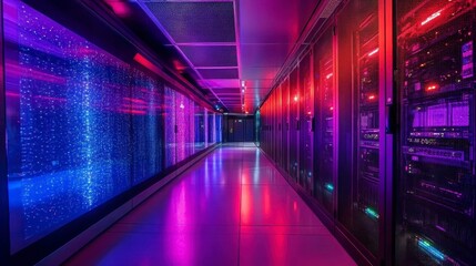 Fototapeta premium Abstract hallway with vibrant pink and blue lighting, showcasing rows of server racks and a futuristic atmosphere.