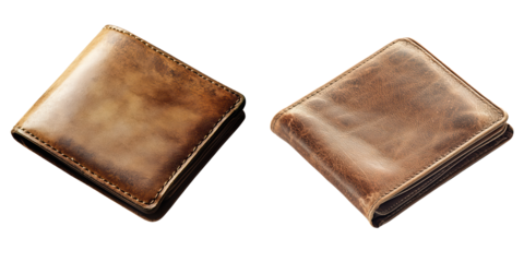 Two Stylish Brown Leather Wallets isolated on a transparent background.