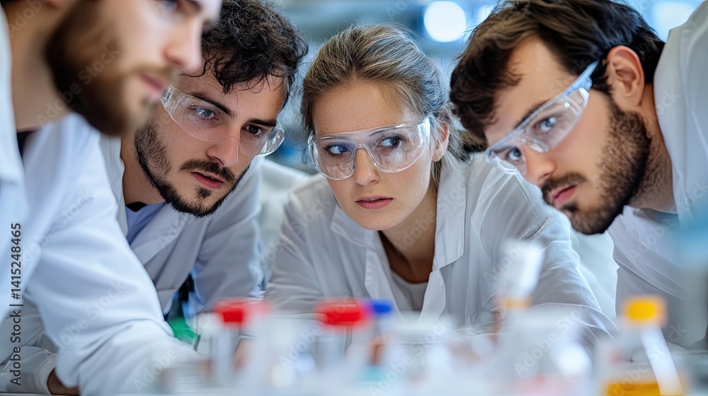 Poster collaborative business team analyzing data together in laboratory environment close-up perspective