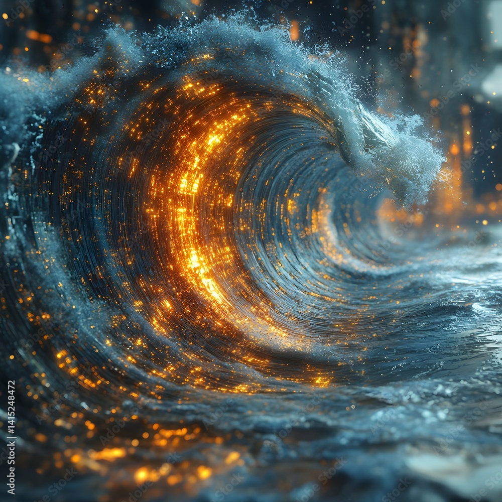Poster a mesmerizing digital rendering of a luminous ocean wave, glowing with intense energy. futuristic te