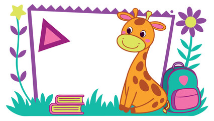 Cheerful Cartoon Giraffe with Backpack, Books, and Floral on White Background