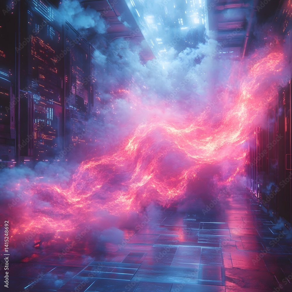 Poster surreal digital art depicting a futuristic corridor filled with fiery digital smoke. cyberpunk aesth