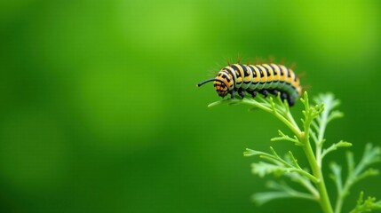 Striped caterpillar crawling on vibrant green foliage, a close-up view showcasing intricate details of its body and the delicate plant