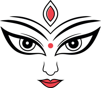 Durga Maa Face with Decorative Eyes, Red Bindi, and Lips on Transparent Background